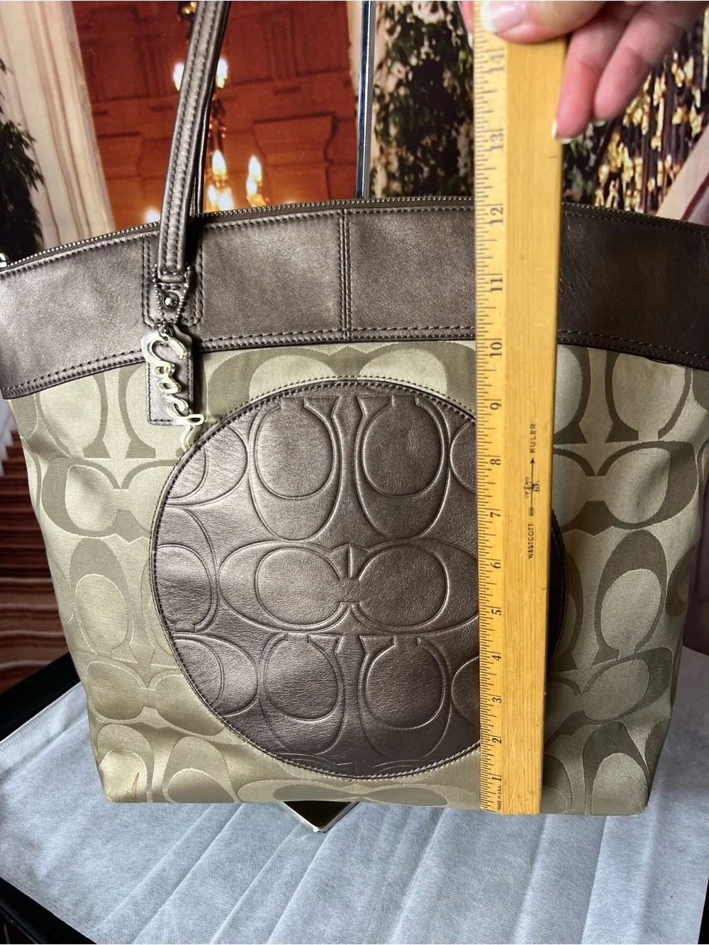 Coach Monogram Large Logo Tote Bag with Charms, Taupe Tan color